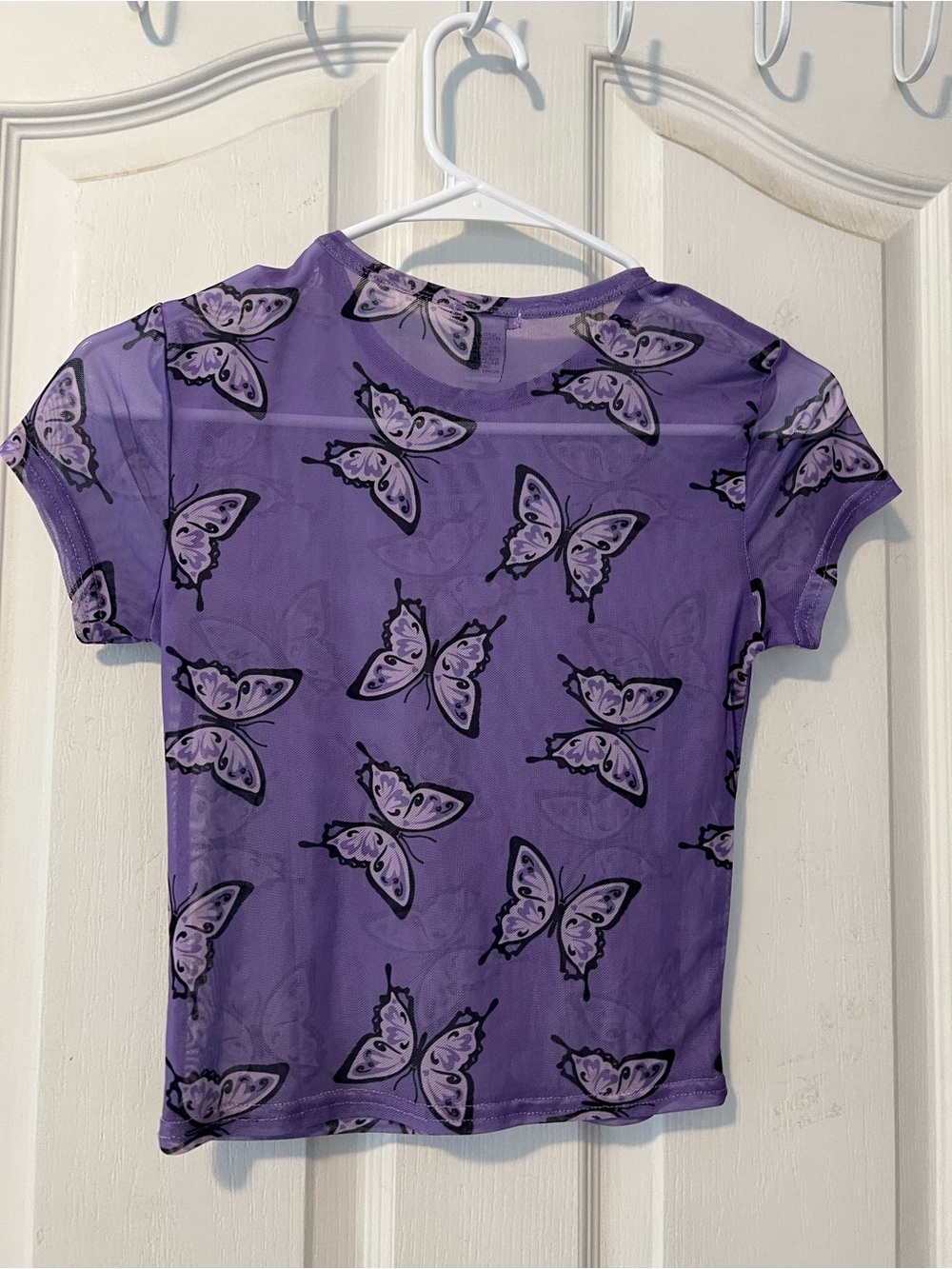 VTG Y2K Purple Butterfly Print Sheer Mesh Crop Top Baby Tee XS Festival Fairy - Picture 3 of 8